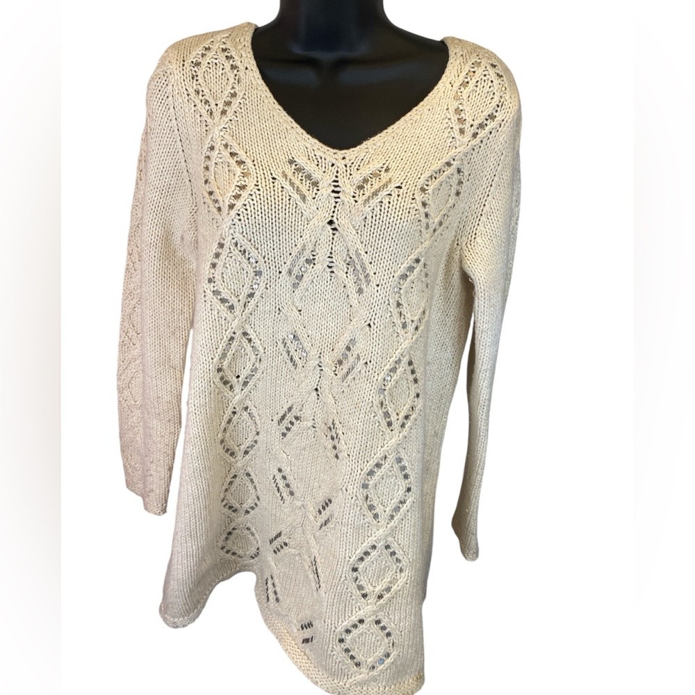 J. Jill Ivory Cable Knit Sweater with Sequin Accents – Women’s XS